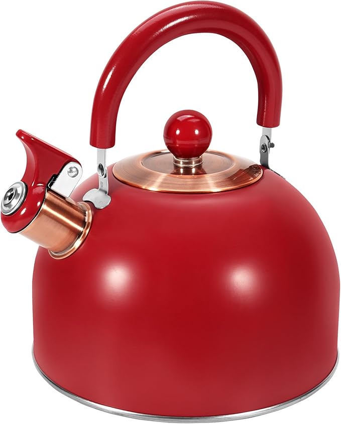 GGC 2.6QT Tea Kettle for Stove Tops, Whistling Tea Kettles for Boiling Water Coffee or Milk, Red Stainless Steel Tea Pots with Folding Handle, Thumb Design Control Kettle Outlet
