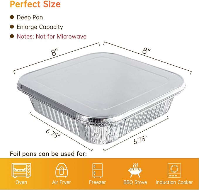 Aluminum Pans with Lids - 50 Pack 8x8 Disposable Baking Pans, Heavy Duty Tin Foil Pans with Lids for Cake Baking, Cooking, Heating, Storing, Prepping Food