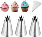 3Pcs 1M Piping Tips,Stainless Steel 1M Star Tips for Piping,Seamless Icing Tips With 10Pcs Disposable Piping Bags for Cake Decorating