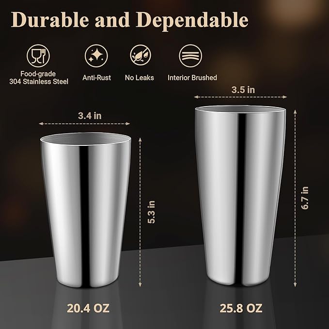 Mixology Bartender Kit, 2-Piece Stainless Steel Cocktail Shaker Set, Bar Set with 20oz & 26oz Mixed Drink Shaker, Cocktail Tin