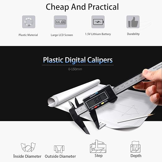 Electronic Digital Calipers, inch and Millimeter Conversion,LCD Screen displays 0-6" Caliper Measuring Tool, Automatic Shutdown, Suitable for DIY/Jewelry Measurement (New150mm Black Plastic)