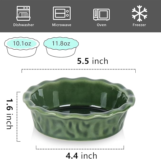 Vicrays Ceramic Pie Pan for Baking - 5.5 inch Small Pie Plates Deep Dish Round Pot Casserole Mini Serving Bowl, Microwave Oven Safe for Dessert Apple Pie Cake Tart Pizza, Set of 6 - Green