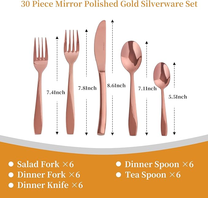 Rosegold 30 Piece Silverware Set,Stainless Steel Flatware Set for 6,18/0 Rust-Proof Cutlery Set with Forks & Spoons,Mirror Polished Dishwasher Safe - Heavy Duty Tableware for Home & Dining
