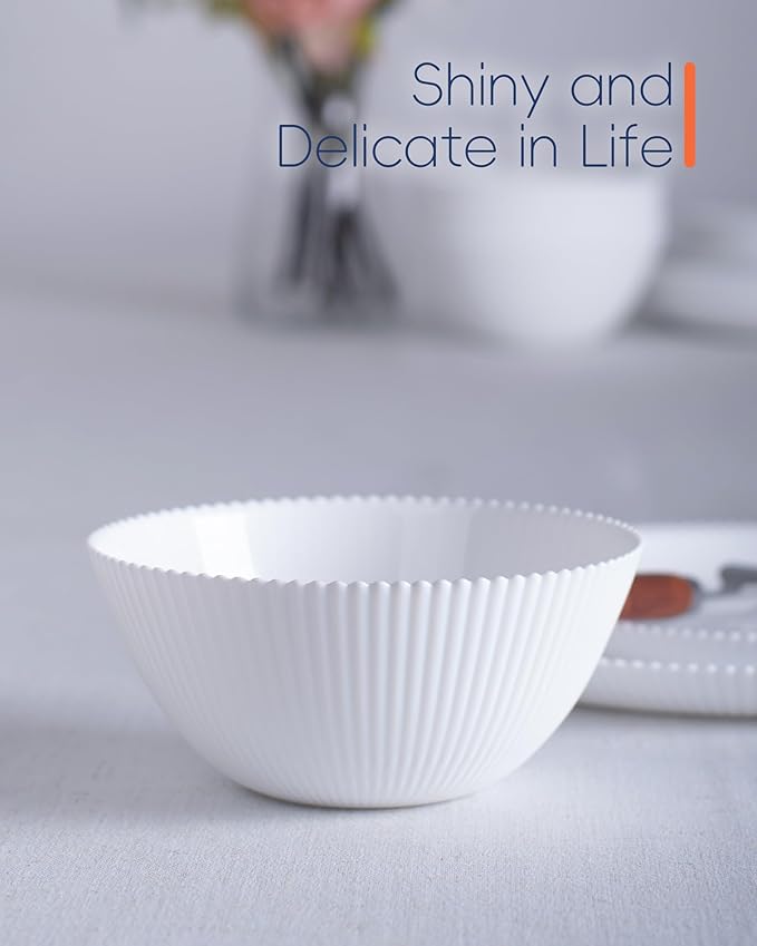 20 OZ Max White Opal Glass Cereal Bowl Set of 6, 6 inch Dishwasher & Microwave Safe Round Ribbed Bowls for Kitchen, Salad, Soup and Rice