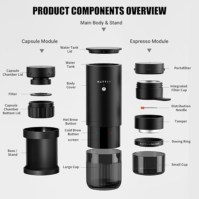 Nuttii E-Coffee Portable Espresso Machine, 20 Bar Self-Heating Travel Coffee Maker, Precise Pressure Control for Golden Extraction, Supports Ground & Capsule Coffee for RV, Camping & Office (Black)