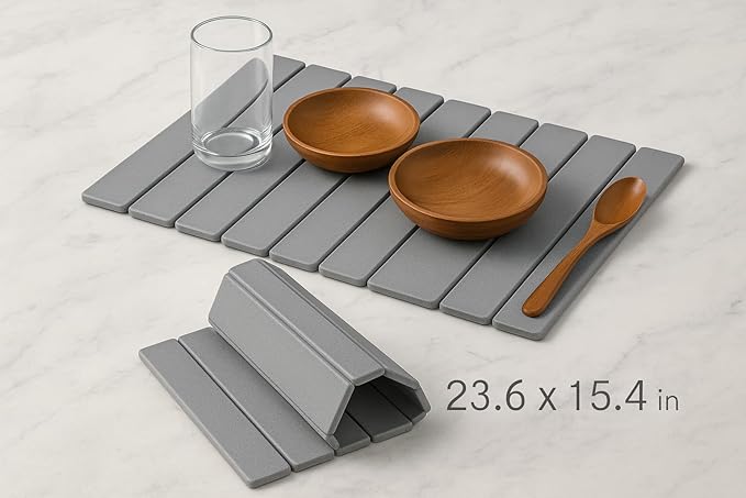 Stone Dish Drying Mat, Collapsible Stone Dish Mat, Super Absorbent Stone Dish Mat, Fast-Drying & Eco-Friendly Stone (24” x 16”) – Minimalist, Durable, & Stylish in light Gray
