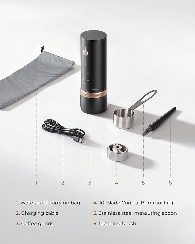 FORLIM Portable Electric Coffee Grinder, Cordless Rechargeable Coffee Bean Grinder with 80 Scale Precise Grinding Settings, Double-Click Start, 10-Blade Conical Burr Coffee Grinders, Clog‑Protection