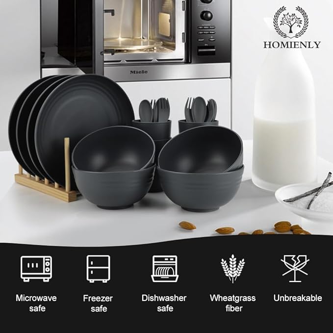 Homienly Wheat Straw Dinnerware Sets, 20pcs Unbreakable Microwave Dishwasher Safe Tableware Lightweight Bowls, Cups, Plates Set Reusable Dinner Plates Bowls set (Matte Black)