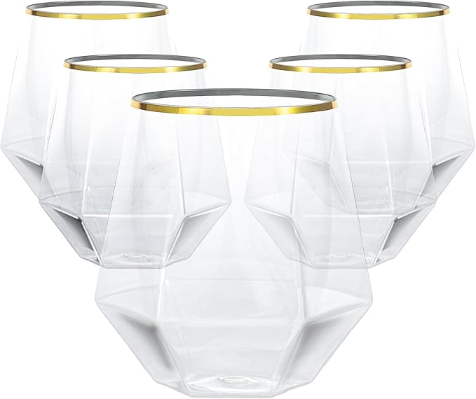 Goodluck 40 PCS Diamond Stemless Plastic Wine Whiskey Glasses, 12 Oz Disposable Cocktail Glasses, Suitable for Weddings, Birthday Parties, Family Gatherings, Bars, etc （Gold rimmed cups）
