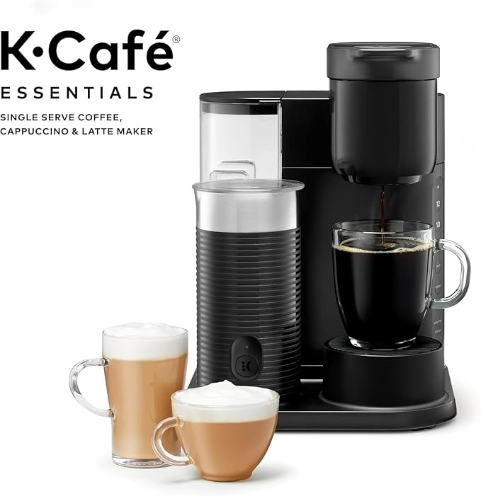 Keeurig K-Café Single Serve Coffee Maker, Built-In Milk Frother, Latte & Cappuccino Brewer, Espresso Shot, 3 Brew Sizes, 42 oz Water Reservoir, Travel Mug Friendly, Compact Design (Black 42oz)