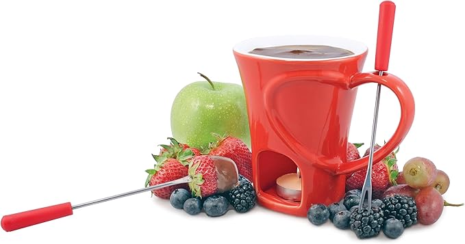 Swissmar 4-Piece Sweetheart Chocolate Fondue Mug Set – Mini Fondue Set for Keeping Chocolate, Caramel, Cheese, & More Warm – Ideal Gift for Weddings & Desserts