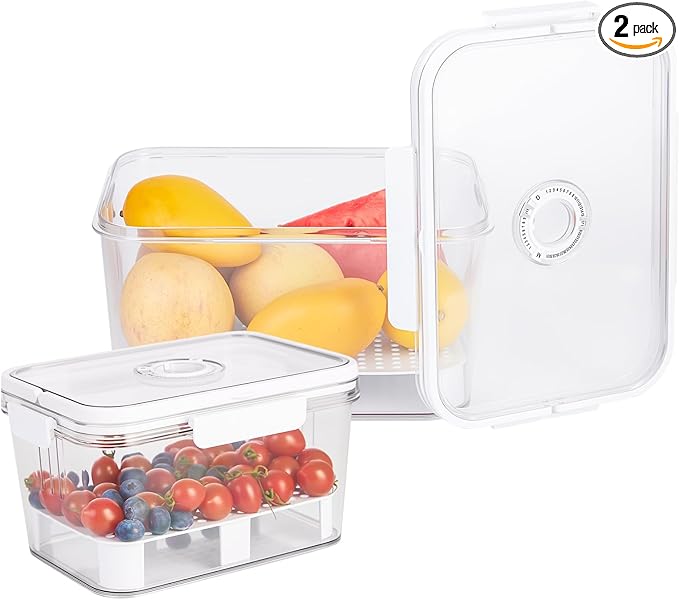 2 PCS Fruit Storage Containers for Fridge with Timer & Strainer, 5.5L+2.3L Bread Box BPA-Free Produce Keepers Leakproof Food Containers with Handle Airtight Lids for Vegetables Fruit Meat Fresh Longer