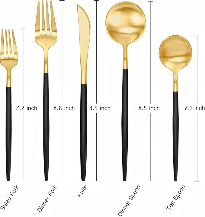 Matte Black and Gold Silverware Set 30 Pieces, FAMEWARE Stainless Steel Flatware Set Service for 6，Tableware Cutlery Set Satin Finished Polished & Dishwasher Safe