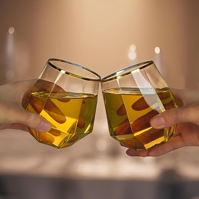 Goodluck 40 PCS Diamond Stemless Plastic Wine Whiskey Glasses, 12 Oz Disposable Cocktail Glasses, Suitable for Weddings, Birthday Parties, Family Gatherings, Bars, etc （Gold rimmed cups）