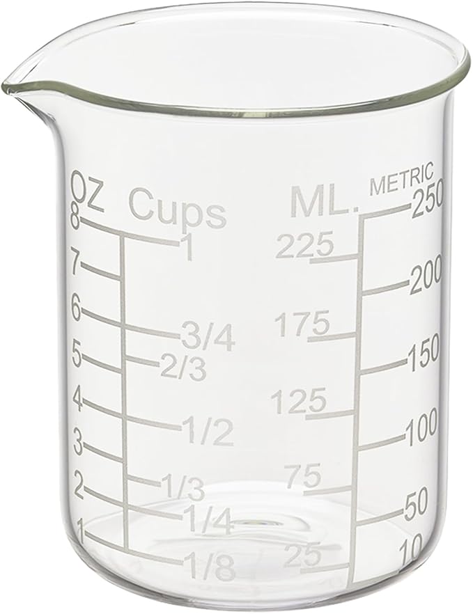 Ackers Etched Graduated Glass Measuring Cup - V-Shaped Spout- High Borosilicate Glass Measuring Cup for Kitchen or Dining, Easy to Read, 250ml (8oz, 1 Cup)