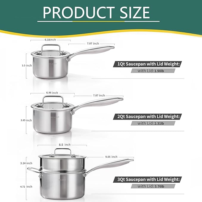 DELARLO Kitchen Pot Set, Tri-Ply Stainless Steel Saucepan Set, 1.0QT 2QT 3.5QT, Cooking Set, Fast Even Heat, Saucepan set Compatible with all Cooktops 600℉（Lids 300℉）3.5QT Pot with a Steamer