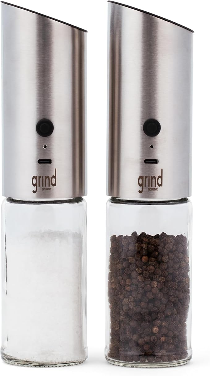 Grind Gourmet Electric Salt and Pepper Grinder Set, USB Rechargeable, Adjustable Coarseness, One-Handed Operation, Stainless Steel and Glass