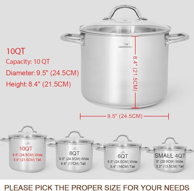 HOMICHEF 10 Quart Stock Pot With Glass Lid - Nickel Free Stainless Steel 10 Qt Pots With Handle - Mirror Polished StockPot 10 Quart - Induction Cooking Pots With Lid - Healthy Soup Pot