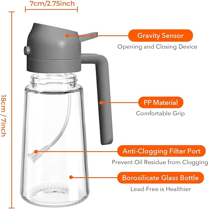 YARRAMATE 16oz/470ml Oil Sprayer for Cooking with Stickers, Food-grade Premium 2 in 1 Olive Oil Dispenser Bottle for Kitchen Gadgets, Air Fryer, Salad, Frying, BBQ (Gray)
