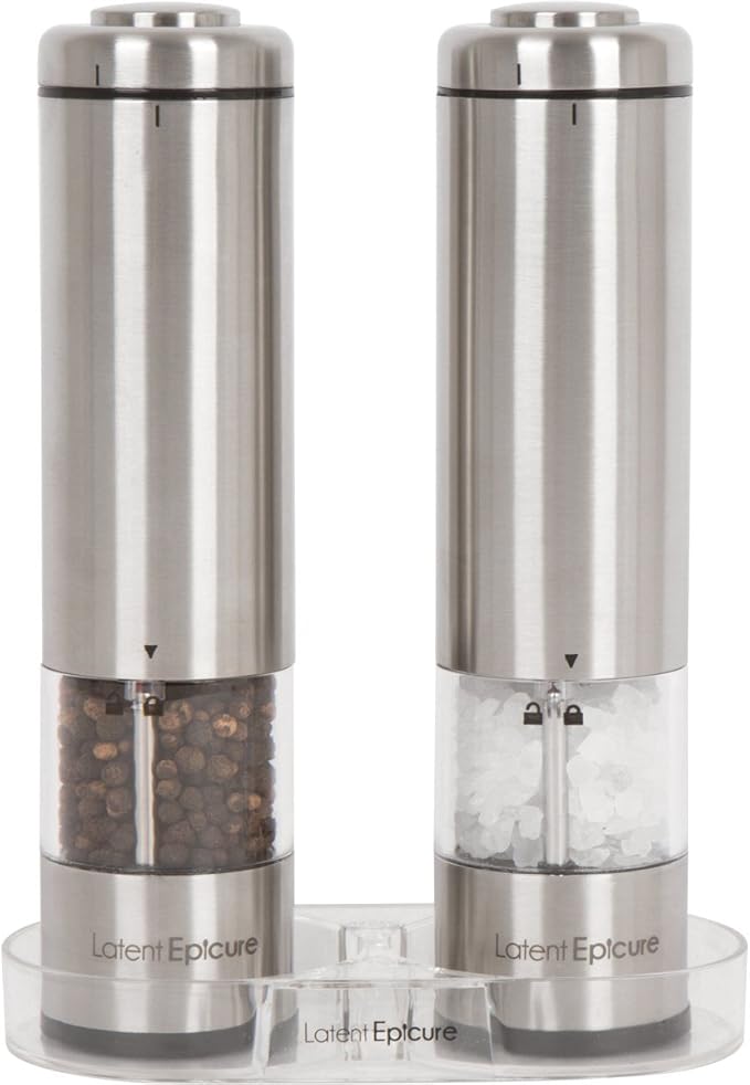 Electric Salt and Pepper Grinder Set - Battery Operated, Stainless Steel Shakers with Adjustable Fine & Coarseness, One Handed Operation, LED Light & Complimentary Mill Rest Tray