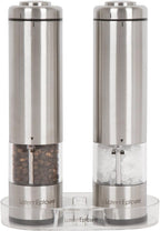 Electric Salt and Pepper Grinder Set - Battery Operated, Stainless Steel Shakers with Adjustable Fine & Coarseness, One Handed Operation, LED Light & Complimentary Mill Rest Tray