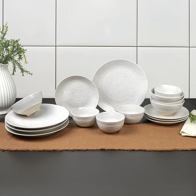 Sango Siterra 16-Piece Rustic White Stoneware Dinnerware Set – Service for 4, White with Glossy Speckle Overlay, for Everyday Dining & Entertainment, Microwave & Dishwasher Safe