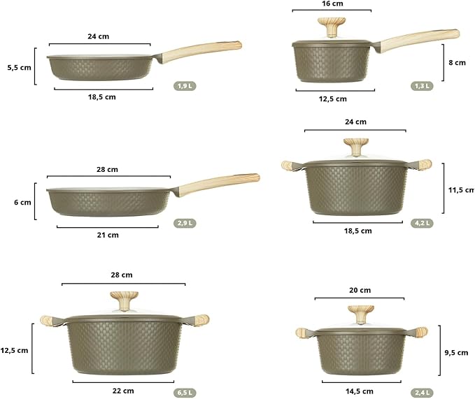 Bambù 10Pcs Cookware set, Die-cast Aluminum pots and pans, Nonstick frying pans and casseroles, Induction safe, PFOA-free (Green and Cream, 10 pcs)