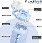 MUKOKO Half Gallon/64 oz Glass Water Bottles with Straw and Lid,Motivational Water Jug with Time Marker Reminder and Silicone Sleeve,100% Leakproof BPA Free Fitness Sports Large Bottle-Light Blue