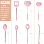 E-far Silicone Cooking Utensils Set, 7 Pcs Heat Resistant Kitchen Utensils with Stainless Steel Handle, Slotted Turner, Spoon, Soup Ladle, Pasta Server, Skimmer, Tongs for Nonstick Cookware, Pink