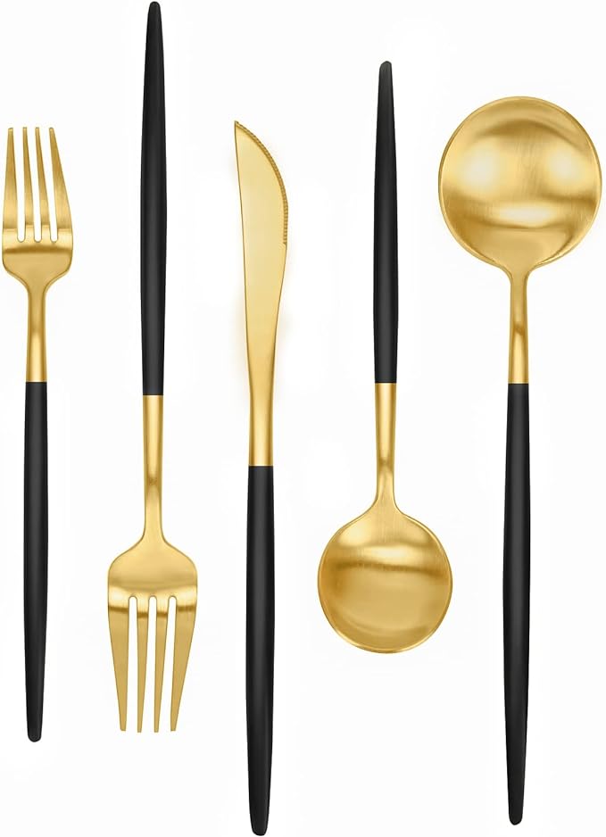Matte Black and Gold Silverware Set 30 Pieces, FAMEWARE Stainless Steel Flatware Set Service for 6，Tableware Cutlery Set Satin Finished Polished & Dishwasher Safe