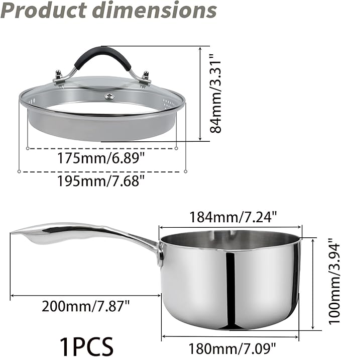 Woogim Thickened Stainless Steel Saucepan Milk Pot Glass Lid Included,Ergonomic Curved Handle with Strainer Holes and Pour Spout,2 Quart Sauce Pan,Suitable for Various Cooking Needs