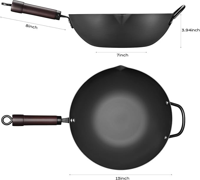 FGJ Wok, 13 Inch carbon steel wok pan with steamer & stir-fry pans nonstick, Pre-Seasoned 5.8QT Flat Bottom Chinese Woks Paella Pan with lid, Carbon Steel Cookware, Compatible with All Cooktops