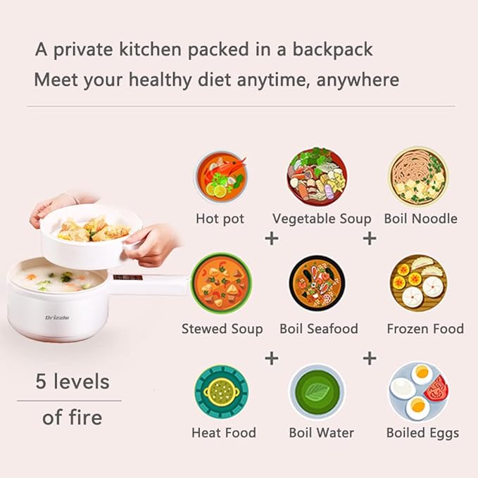 Drizzle Electric Hot Pot Cooker Steamer 1.8L Multifunctional Nonstick Pan Office Dorm Cooking Portable Ramen Cooker Steamer Boil Dry Protection Suitable For Noodle Cooker Eggs StirFrying