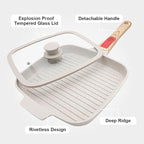 Griddle Pan with Lid, 10 Inch Cast Aluminium Non Stick Steak Pan with Detachable Handle for Induction Hob, White
