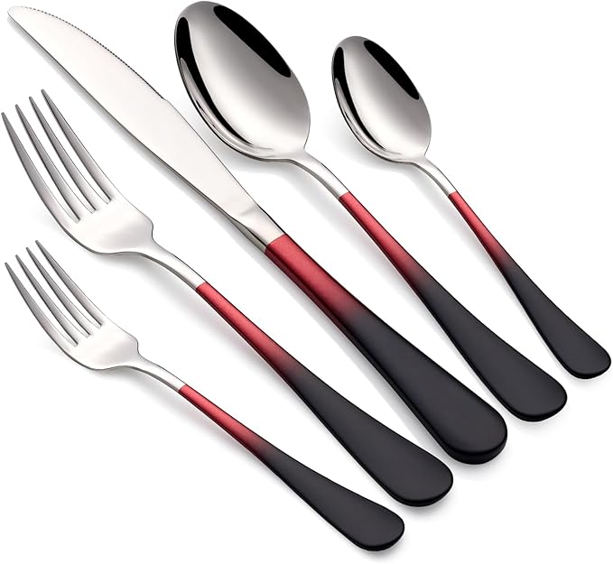 Colorful Silverware Set 20 Piece 18/0 Stainless Steel Flatware red and black Handle Cutlery Set Service for 4 Fork Knife Spoon Set Mirror Finish Dishwasher Safe