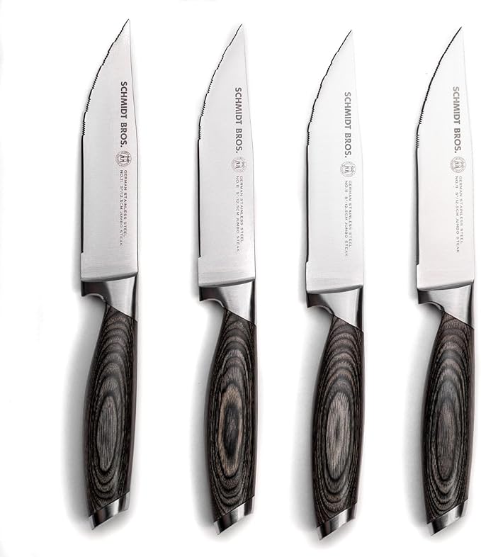 Schmidt Brothers -Bonded Ash 4-Piece Jumbo Steak Knife Set, High-Carbon German Stainless Steel Cutlery in a Wood Gift Box