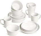 LE TAUCI 16-Piece Ceramic Cups and Plates sets for Kitchen, Service for 4 – White Farmhouse Deeper Plates & Bowls (10" Dinner, 8" Salad, 6" Bowls, 18 oz Mugs), Stackable, Chip Resistant Stoneware