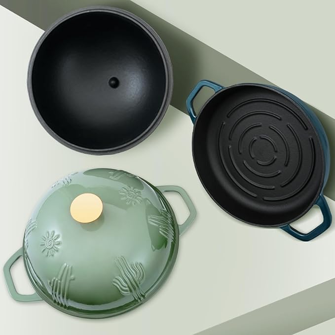 Cast Iron Bread Oven With Cloche Lid for Baking - Green Enameled Dutch Oven With Dome Lid for Sourdough - 2.6 qt