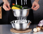 4-Piece Stainless Steel Mixing Bowls and Microporous Colanders Set, 3QT & 5QT Nesting Bowls with Fine Drain Strainers for Washing Rice, Fruits, Vegetables, Pasta, and More