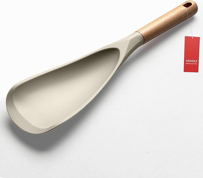 VOVOLY Cooking Spoon for Nonstick Cookwares, Silicone Spoon for Mixing, Scoop, and Scrape, Khaki,11"