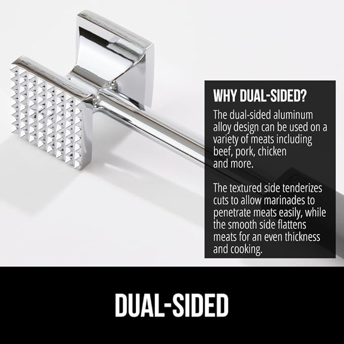 GORILLA GRIP Patented Dual-Sided Meat Tenderizer, Heavy Duty Kitchen Mallet with Soft Handle, Spiked Side Tenderizes and Smooth Flattens, Maximize Food Flavor, Commercial Grade Chicken Pounder, White