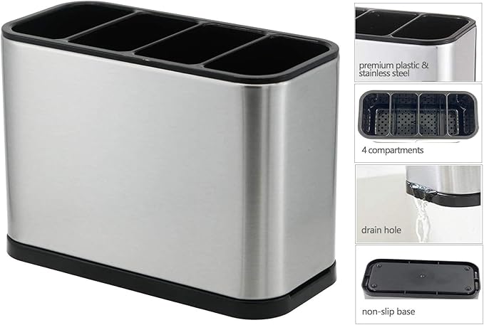 KESOL Kitchen Utensil Holder, Stainless Steel Utensil Drying Rack Flatware Holder Sinkware Caddy Countertop Organizer with 4 Divided Compartments, Rust Proof