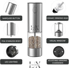 Automatic Salt and Pepper Grinder Set – Rechargeable Stainless Steel Mills with Adjustable Coarseness, One-Handed Operation, LED Light & Storage Base