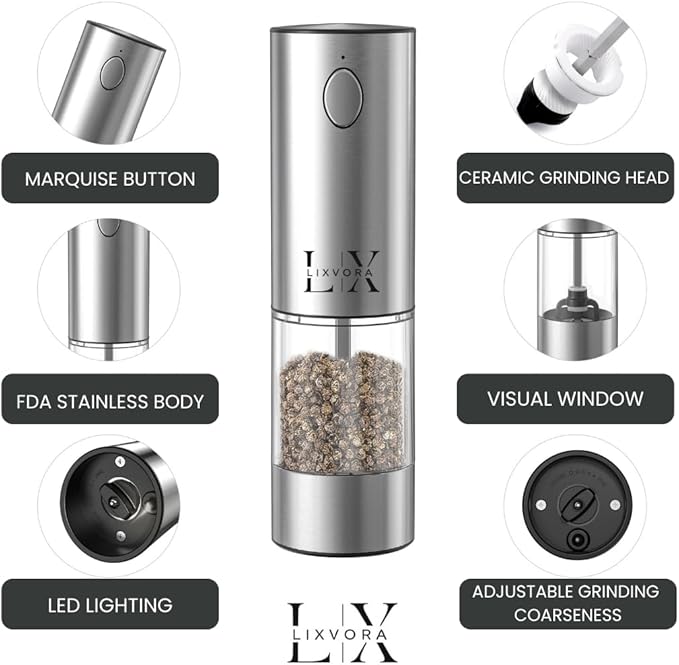 Automatic Salt and Pepper Grinder Set – Rechargeable Stainless Steel Mills with Adjustable Coarseness, One-Handed Operation, LED Light & Storage Base
