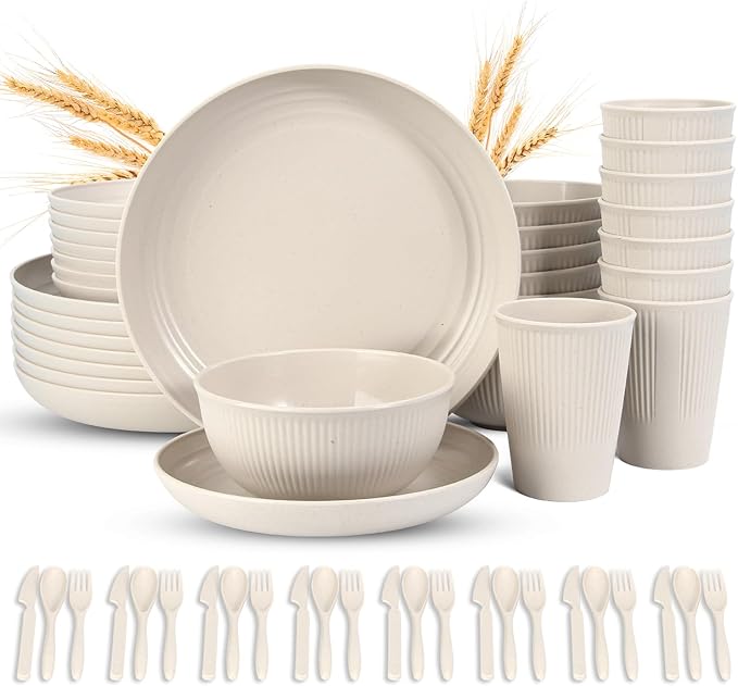 LAERJIN 56 Piece Wheat Straw Dinnerware Sets,Unbreakable Reusable Dinnerware Set,Dishwasher & Microwave Safe Plates and Bowls Sets, for Apartment Essentials, Outdoor Camping, Beige White