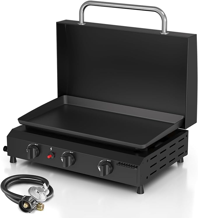 3 Burner BBQ Gas Griddle with Hood, 25.6 Inch Stainless Steel Portable Detachable Propane Griddle, 45,000 BTU Flat Top Barbecue Grill with Lid for Camping