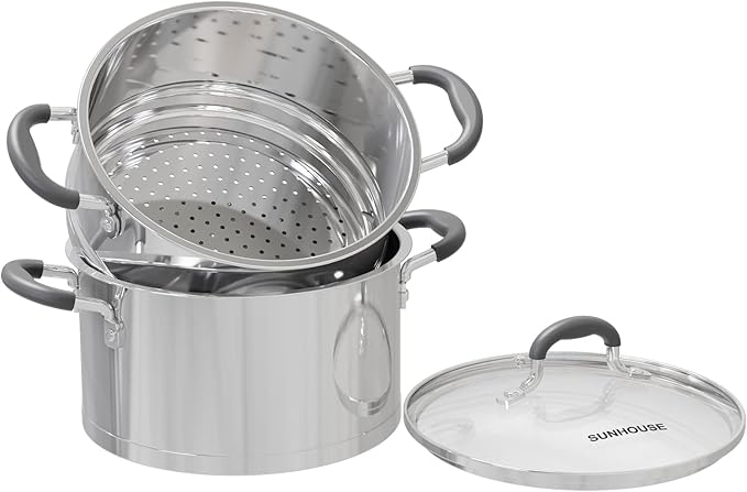 SUNHOUSE 3 Quarts Steamer Pots With Lid 2-Tier Multipurpose Stainless Steel Steaming Pot Cookware For Vegetable, Dumpling, Sauce, Food - Triple Bottom, Measurement Line