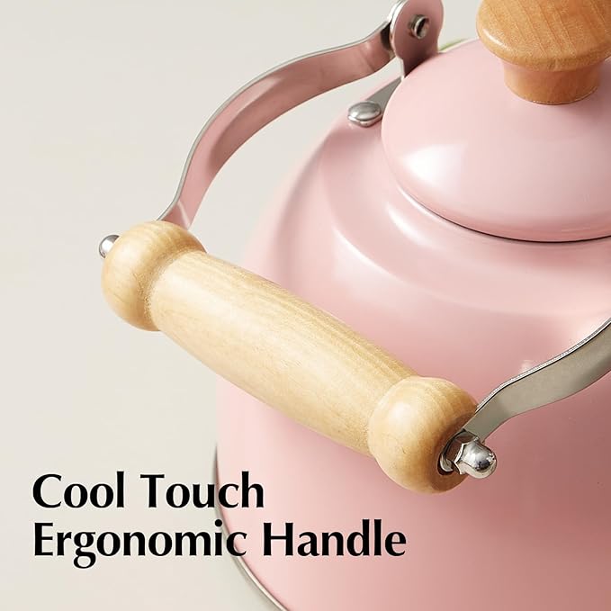ROCKURWOK Tea Kettle, Tea Pot with Cool Touch Ergonomic Handle, Teapot Food Grade Stainless Steel, Tea Kettle Stovetop, Kettle Teapot, Whistling Tea Kettles, Small Tea Pot, 1.6 Quart (Pink)