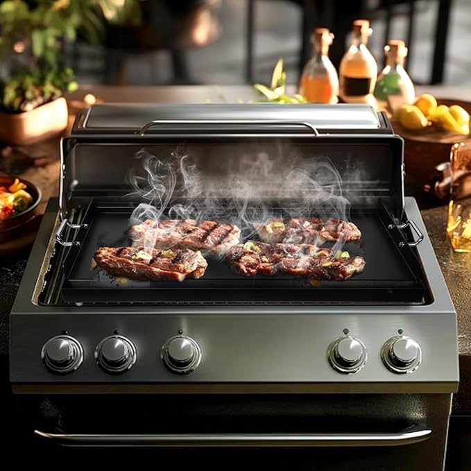 LotFun 25" x 16" Carbon Steel Cooking Griddle for Outdoor Gas Grill, Universal Griddle Flat Top Plate Insert with Grease Groove and Removable Handles for Electric/Charcoal/Gas Grill, Camping,Party
