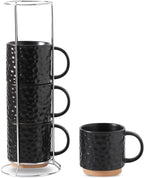 Nihow Ceramic Coffee Mug Set of 4, 16OZ Stackable Coffee Mug Set with Stainless Stand,Large Cup Set for Cappuccino,Tea,Hot/Cold Drinks,Dishwasher & Microwave Safe,Matte Black